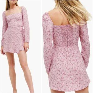 Reformation Pink Floral “Rosalie” Baby’s Breath Long Sleeve Wrap Mini Dress